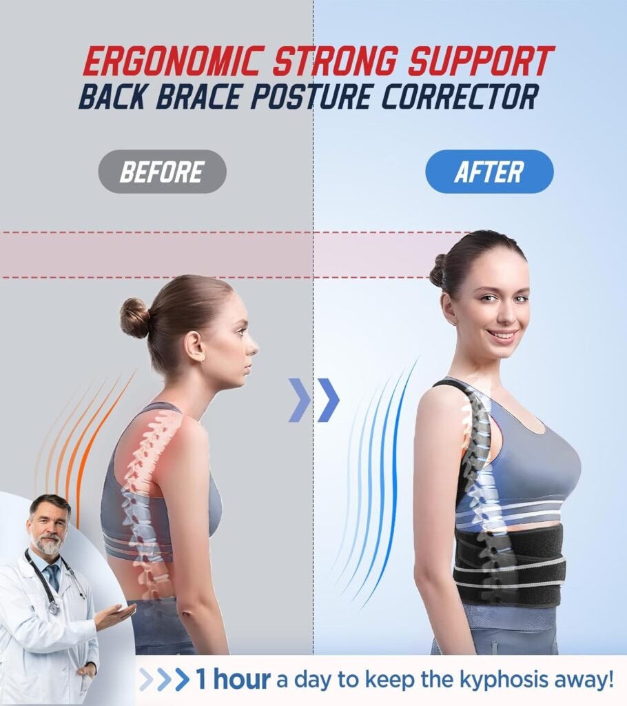 4X Support Back Brace Posture Corrector for Women and Men with Magnetic Therapy, Adjustable Full Back Straightener for Upper Lower Back Pain Relief, Spine Scoliosis Hunchback Posture Corrector