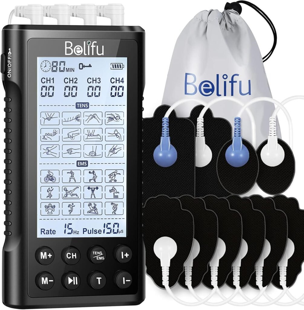 Belifu 4 Independent Channel TENS EMS Unit, 24 Modes,30 Level Intensity Muscle Stimulator Machine, Rechargeable Electric Pulse Massager with 10 Pads5 Set Leads Wires, for Pain Relief Therapy(Black)