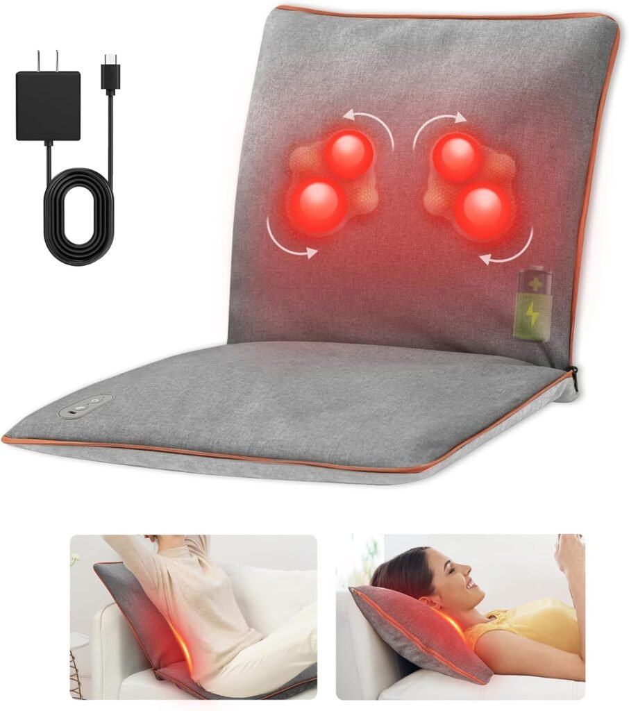 COMFIER Rechargeable Back Massage Pad for Back Deep Tissue, Foldable Back Massage Chair Pad with Adjustable Intensity，Shiatsu Back Massager with Heat, Gifts for Mom Dad Women Men