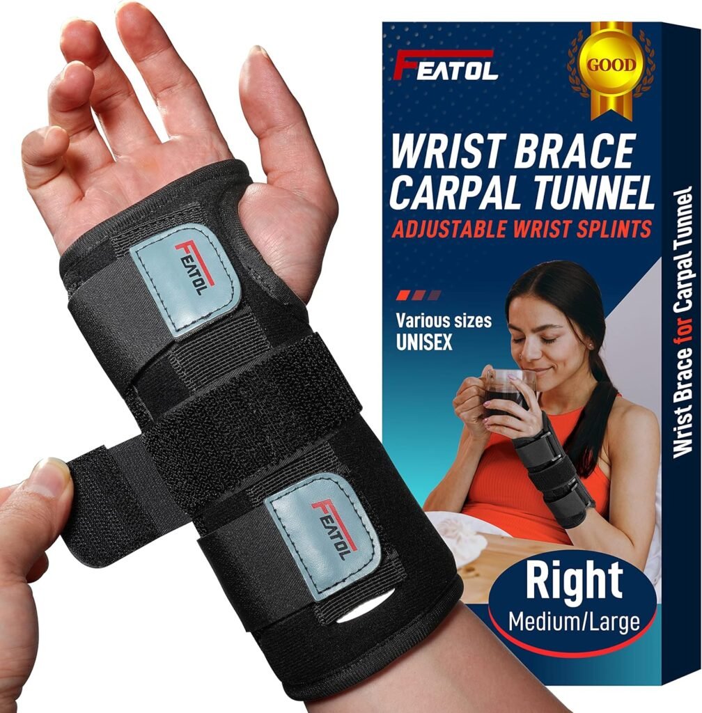 FEATOL Wrist Brace for Carpal Tunnel, Adjustable Night Wrist Support Brace with Splints Right Hand, Medium/Large, Hand Support for Arthritis, Tendonitis, Sprain, Injuries, Wrist Pain