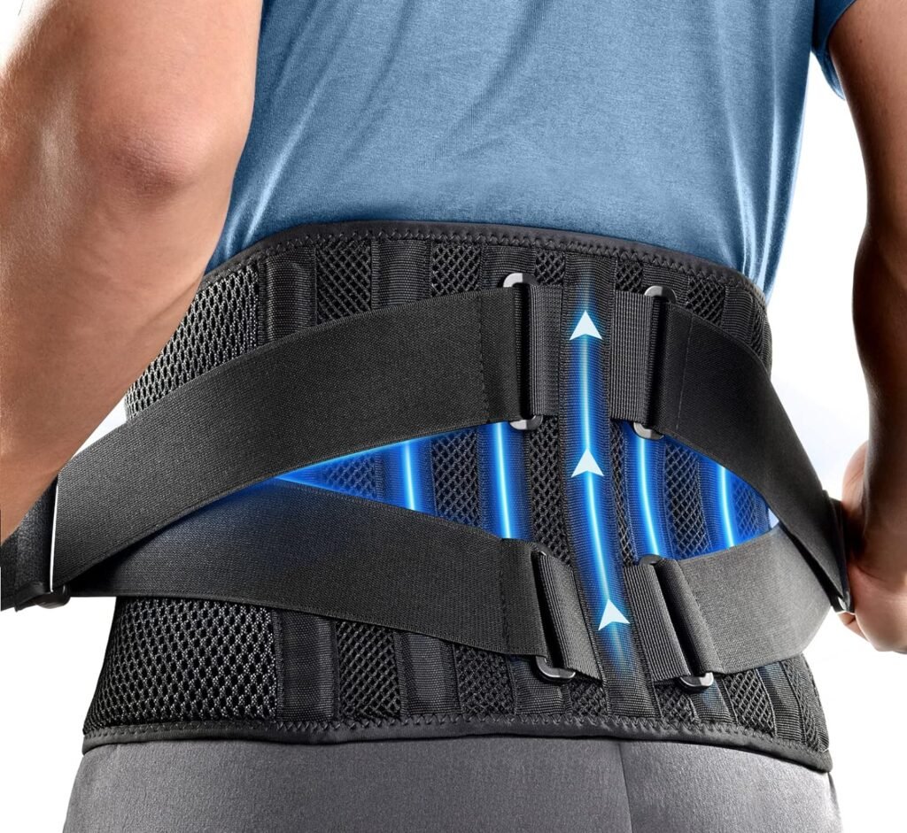 FREETOO Air Mesh Back Brace for Men Women Lower Back Pain Relief with 7 Stays, Adjustable Back Support Belt for Work, Anti-skid Lumbar Support for Sciatica Scoliosis (S(waist:27-36), Black)