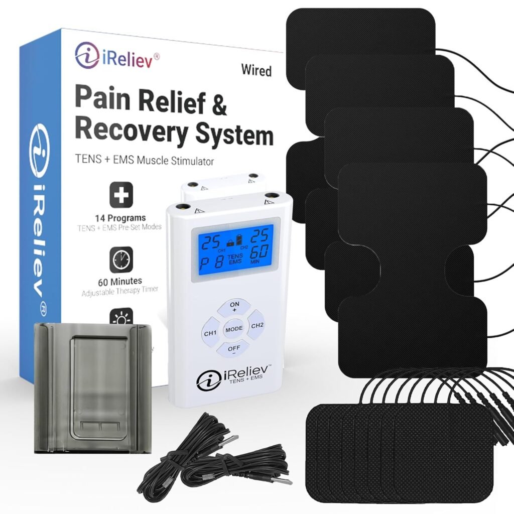 iReliev TENS + EMS Combination Unit Muscle Stimulator for Pain Relief  Arthritis  Muscle Strength - Treats Tired and Sore Muscles in Your Shoulders, Back, Abs, Legs, Knees and More