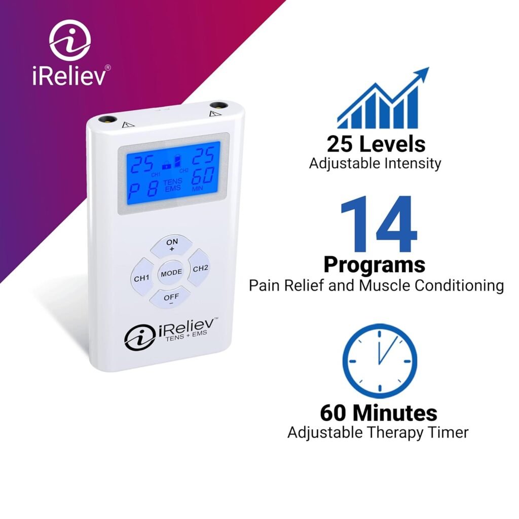 iReliev TENS + EMS Combination Unit Muscle Stimulator for Pain Relief  Arthritis  Muscle Strength - Treats Tired and Sore Muscles in Your Shoulders, Back, Abs, Legs, Knees and More