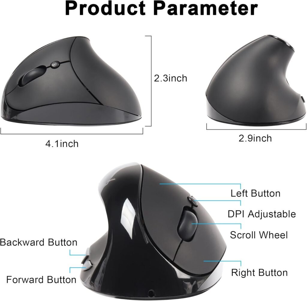 Left Handed Mouse Wireless Vertical Mouse Ergonomic 2.4GHz Optical Computer Mice with USB Receiver and 3 Adjustable DPI Portable Rechargeable Cordless Mouse for Laptop PC Desktop Notebook, Black