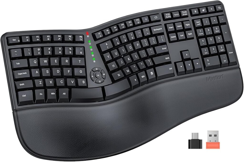 MEETION Ergonomic Keyboard, Split Wireless Keyboard with Cushioned Wrist, Palm Rest, Curved, Natural Typing Full Size Rechargeable Keyboard with USB-C Adapter for PC/Computer/Laptop/Windows/Mac, Black