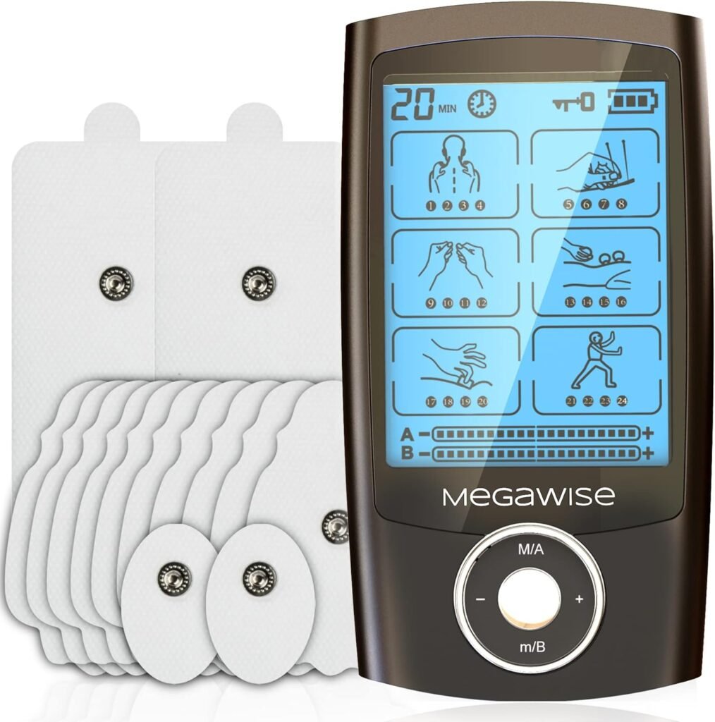 MegaWise 48 Modes（24 * 2） Dual Channel EMS TENS Unit Muscle Stimulator with 14Pcs Reusable Electrode Pads. Rechargeable Continuous Mode Electronic Pulse Massager with Storage Pouch/Pads Holder