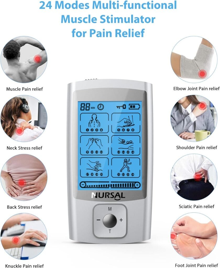 NURSAL 24 Modes TENS Unit Muscle Stimulator with Continuous Stimulation, Rechargeable Electronic Pulse Massager with 8 Pads for Back and Shoulder Pain Relief and Muscle Strength