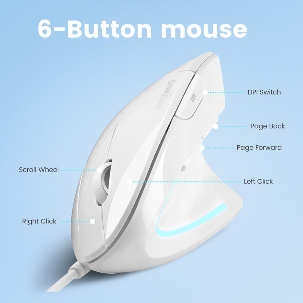 Perixx PERIMICE-513W Wired Ergonomic USB Mouse - 6 Buttons with 1000/1600 DPI - Vertical Right-Handed Design - White