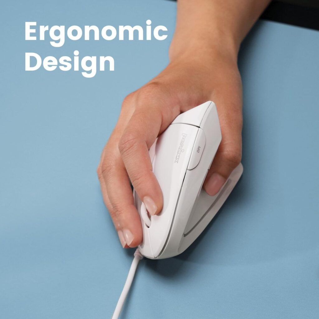 Perixx PERIMICE-513W Wired Ergonomic USB Mouse - 6 Buttons with 1000/1600 DPI - Vertical Right-Handed Design - White