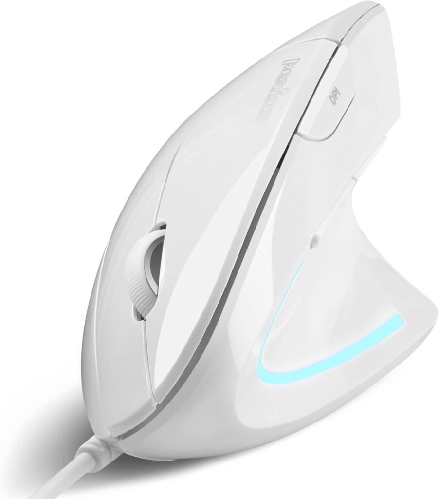 Perixx PERIMICE-513W Wired Ergonomic USB Mouse - 6 Buttons with 1000/1600 DPI - Vertical Right-Handed Design - White