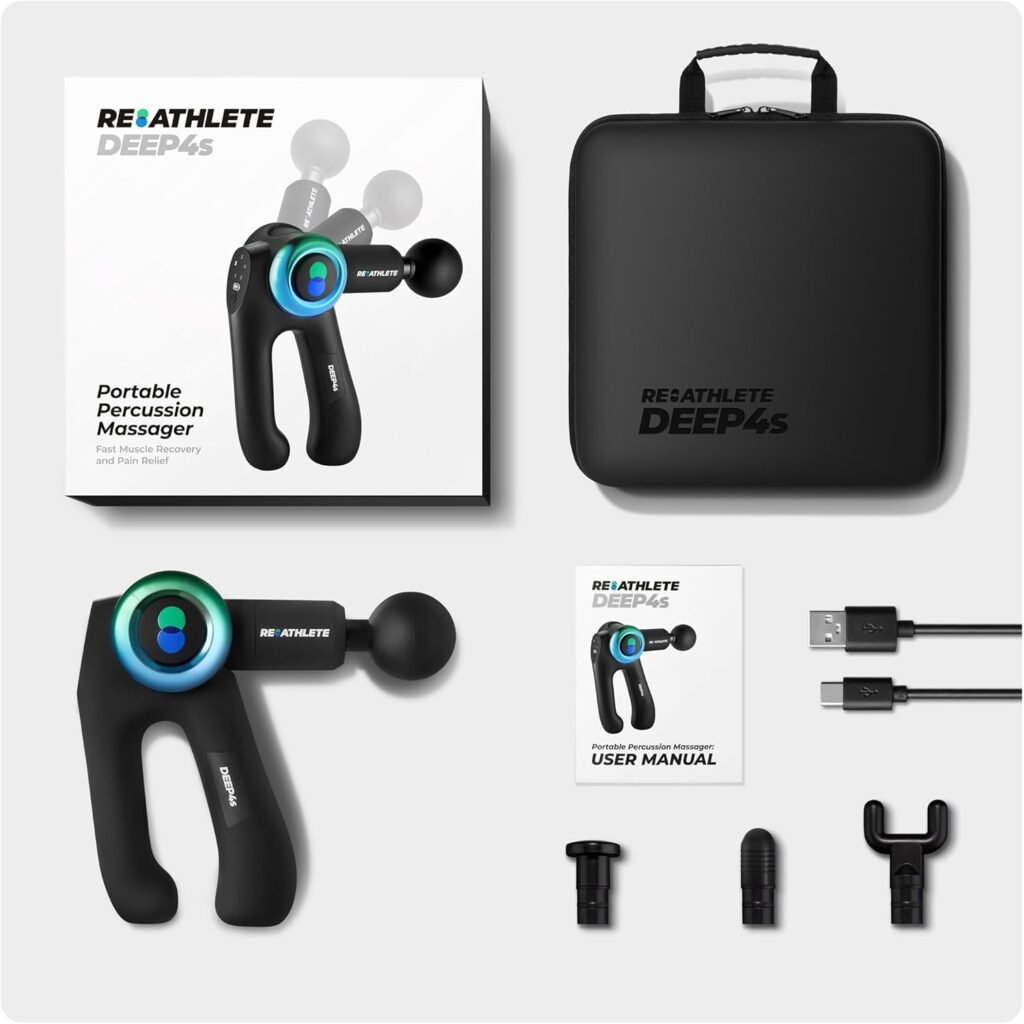 REATHLETE DEEP4S Percussive Therapy Device - Massage Gun for Muscle Treatment - Handheld, Wireless Deep Tissue Massage - Ideal for Back, Shoulder, Arms, Glutes, Calfs - Full Body Pain Relief