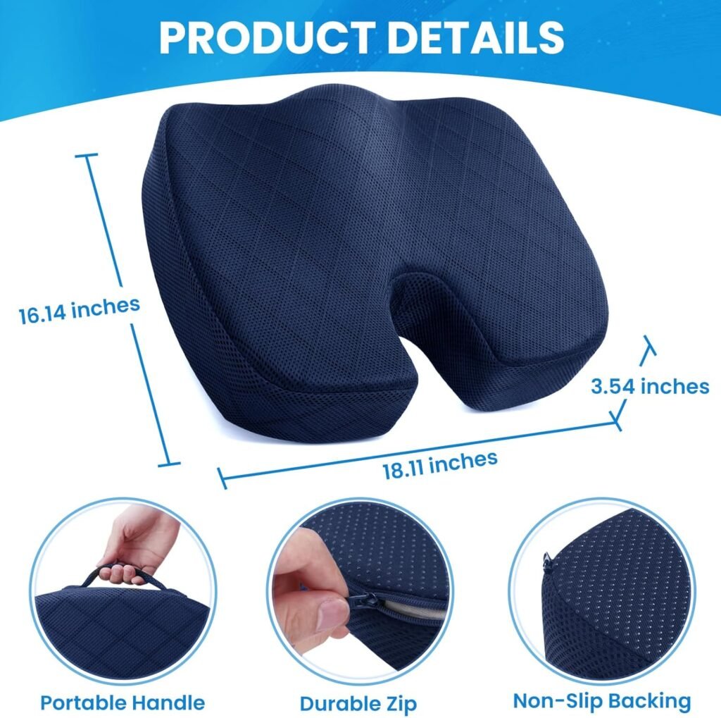 Seat Cushion - Memory Foam Cushion for Office Chair, Car Seat, Airplane, Bleacher - Sciatica  Hip  Coccyx Pain Relief Desk Chair Cushion for Long Sitting Office Workers, Car Drivers