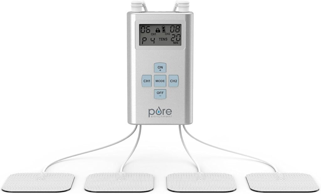 Pure Enrichment® PurePulse™ Pro Advanced Dual Channel TENS Electronic Pulse Stimulator, LCD Screen, 8 Therapy Modes,  25 Pulse Settings - 2 AAA Batteries, 4 Reusable Electrode Pads,  Storage Bag