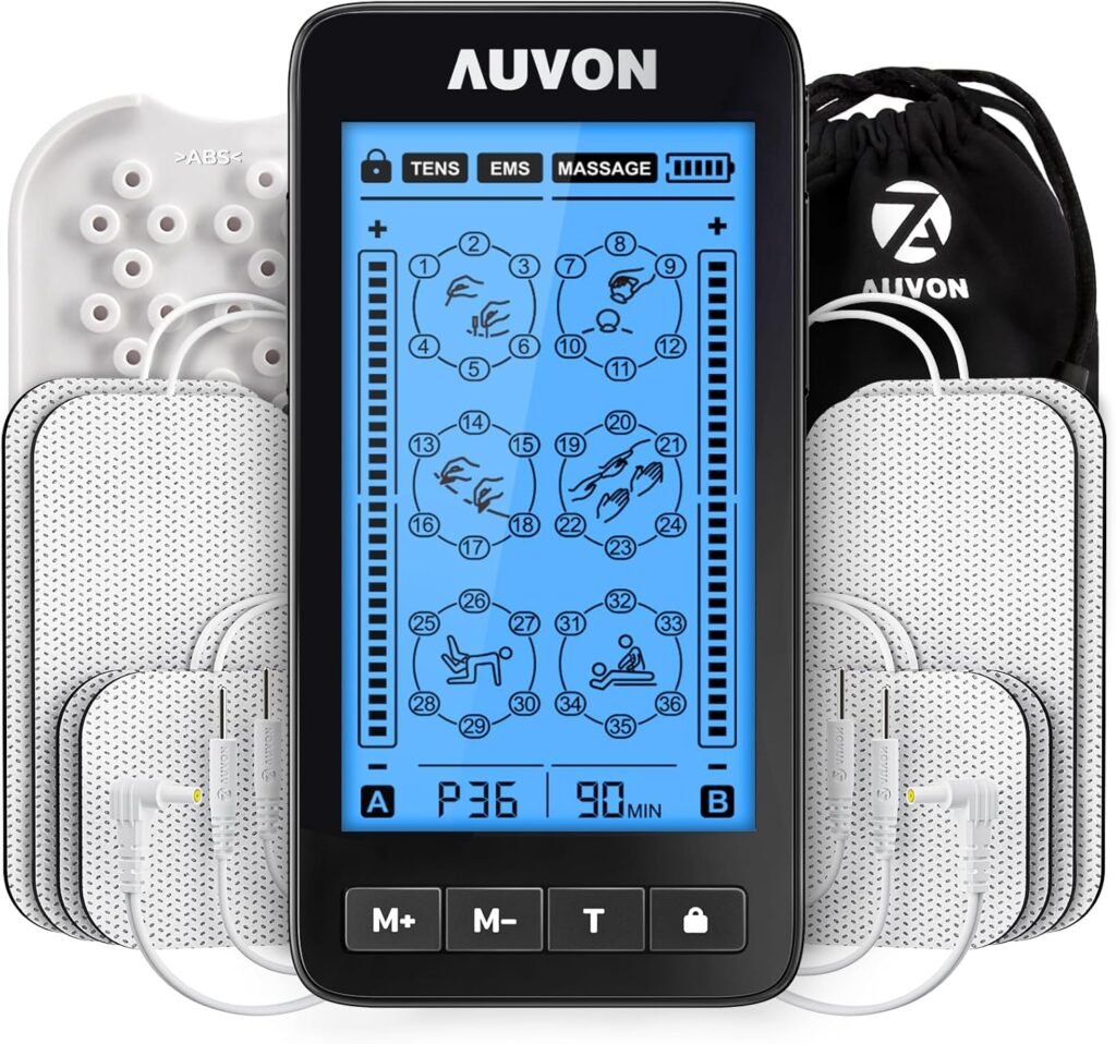 AUVON 3-in-1 36 Modes TENS Unit Muscle Stimulator for Pain Relief Therapy, Rechargeable TENS EMS Machine Massager with 8 Electrode Pads for Effective Back, Neck, Sciatica, Shoulder Relief