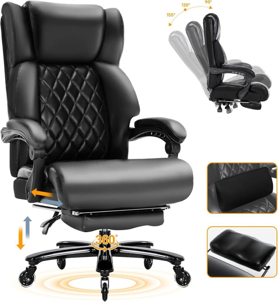 Big and Tall Office Chair for Heavy People, High Back Recline Extra Wide Office Chair, Heavy Duty Executive Office Chair Comfortable for Home Office, Large Computer Desk Chair with Footrest Black