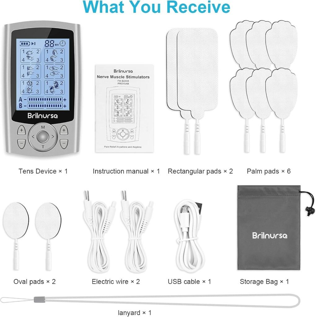 Brilnurse Dual Channel TENS EMS Unit 24 Modes 30 Level Intensity Muscle Stimulator for Pain Relief, Rechargeable Mini TENS Machine Pulse Massager with 10 Pads/Storage Pouch/Cable Ties. (Silver)