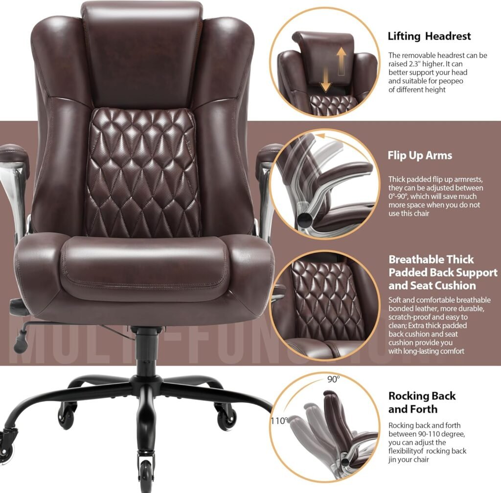 High Back Office Chair with Flip-up Armrests - Lifting Headrest, Built-in Adjustable Lumbar Support, Comfortable Home Office Chair, Executive Office Chair, Ergonomic Design, Sturdy Metal Base