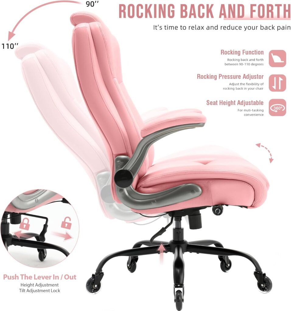 High Back Office Chair with Flip-up Armrests - Lifting Headrest, Built-in Adjustable Lumbar Support, Comfortable Home Office Chair, Executive Office Chair, Ergonomic Design, Sturdy Metal Base