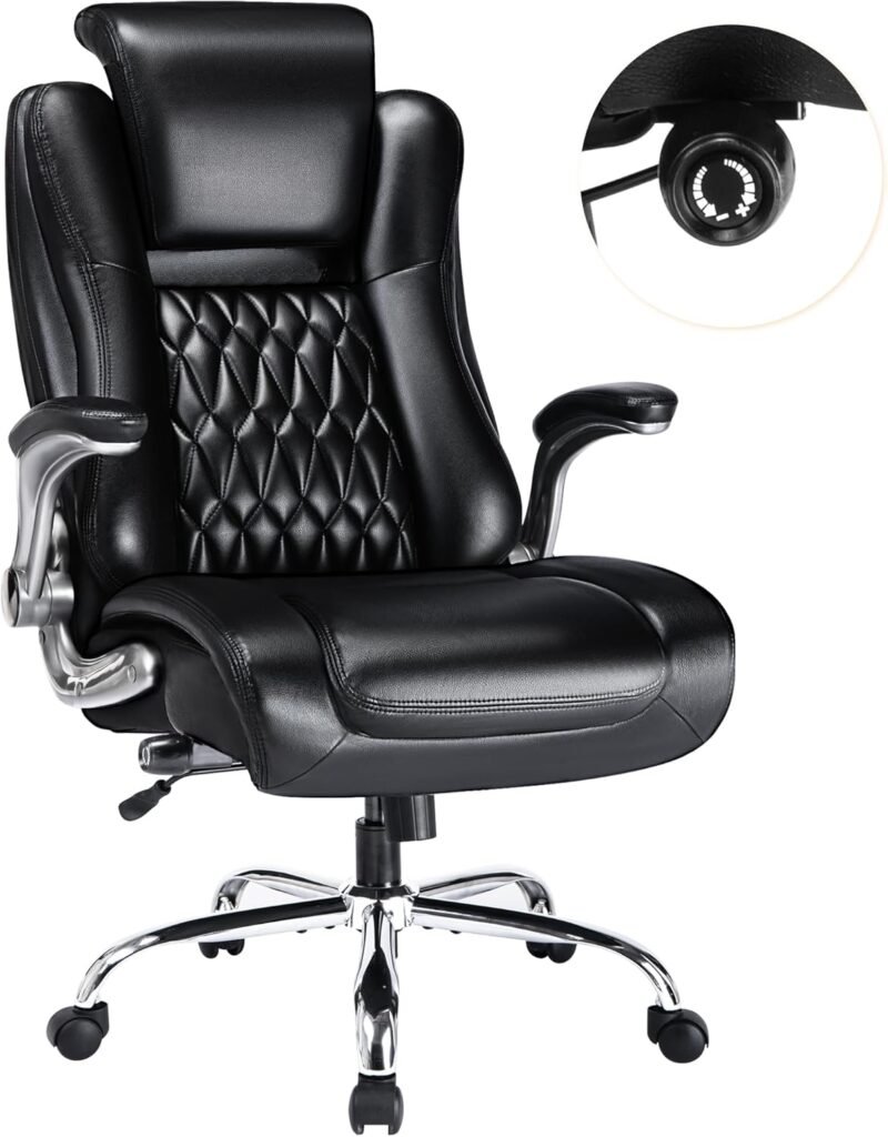 High Back Office Chair with Flip-up Armrests - Lifting Headrest, Built-in Adjustable Lumbar Support, Comfortable Home Office Chair, Executive Office Chair, Ergonomic Design, Sturdy Metal Base