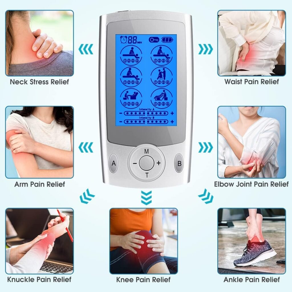 KEDSUM Dual Channel Rechargeable Tens Unit, 24 Modes Tens Unit Muscle Stimulator for Pain Relief Therapy, Electronic Pulse Massager Muscle Massager with 16 Pcs Electrode Pads