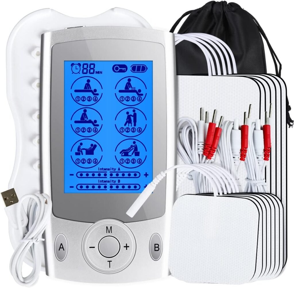 KEDSUM Dual Channel Rechargeable Tens Unit, 24 Modes Tens Unit Muscle Stimulator for Pain Relief Therapy, Electronic Pulse Massager Muscle Massager with 16 Pcs Electrode Pads