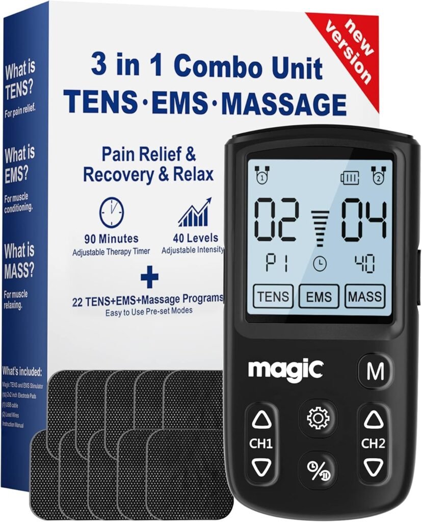 Tens Unit Muscle Stimulator Machine - Dual Channel Electronic Pulse Massager, Tens EMS Machine for Pain Relief Therapy with 10 Electrode Tens Unit Replacement Pads (2x2)