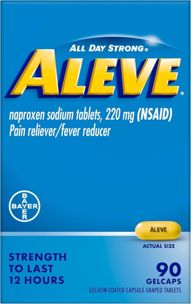 Aleve Pain Reliever  Fever Reducer Gelcaps, Naproxen Sodium, Headache Pain Relief, Back and Body Pain Relief Medicine, Pain Medicine for Adults and Children Ages 12 and Up, 90 Count