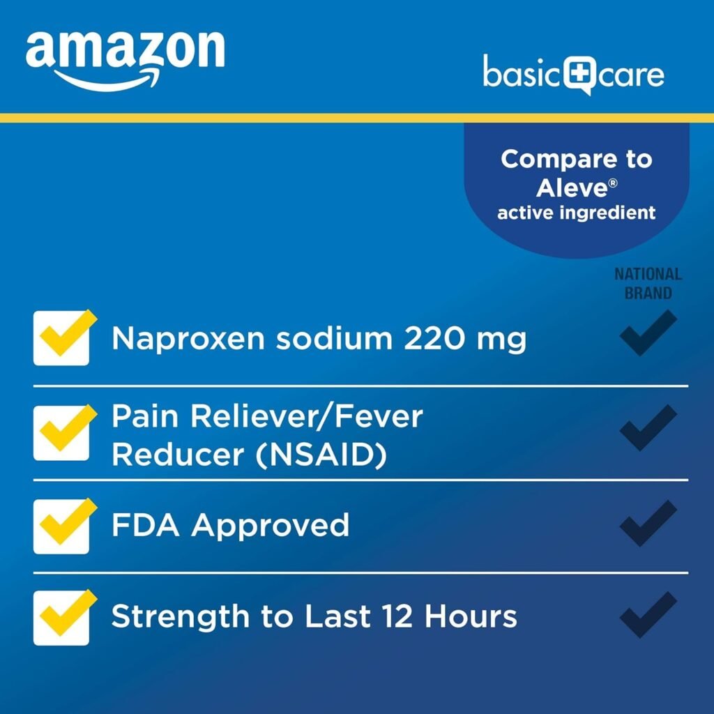 Amazon Basic Care Naproxen Sodium Tablets 220 mg, Pain Reliever/Fever Reducer (NSAID), Muscular Aches, Backache, Headache, Toothache, Minor Arthritis Pain Relief  More, 300 Count (Packaging may vary)