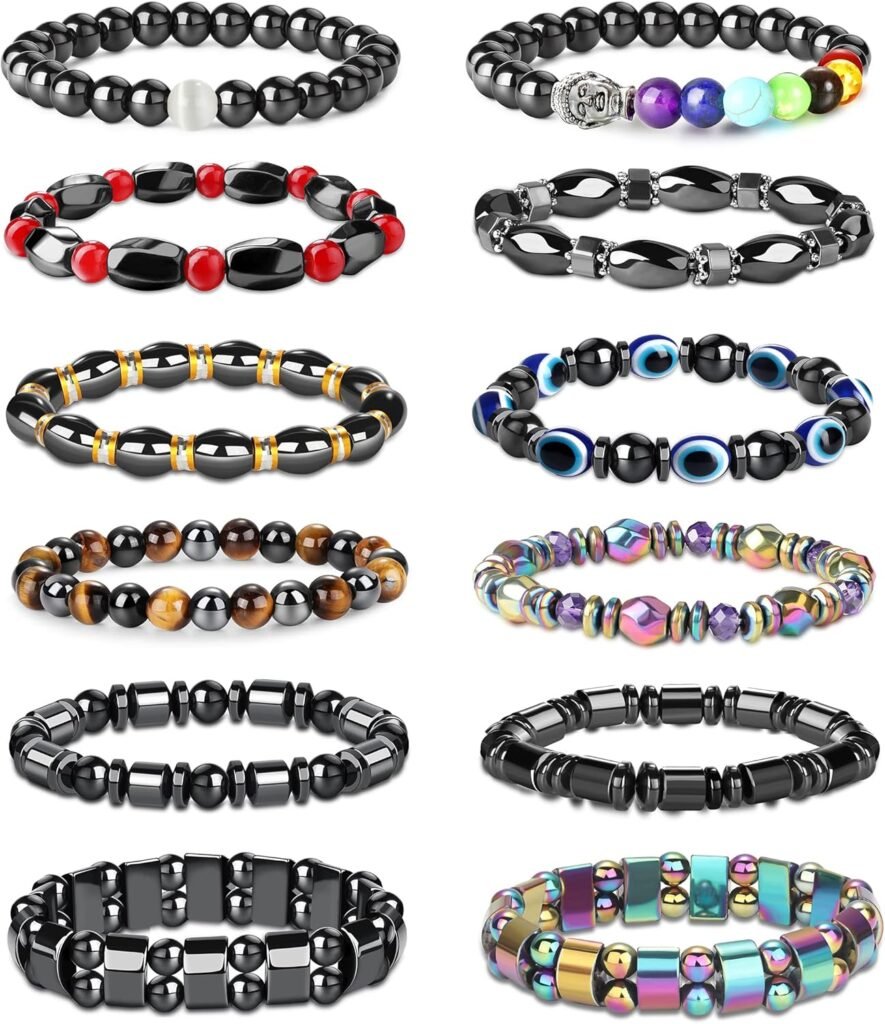 CASSIECA Hematite Magnetic Bracelet for Men Women Reiki Bracelet Tiger Eye Rainbow Beaded Stone Bracelets Set