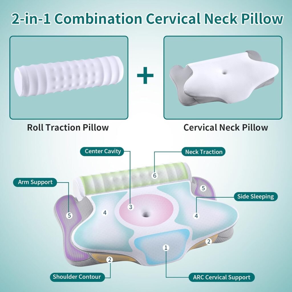 Cervical Neck Pillow and Roll Neck Pillow - 2 in 1 Removable Ergonomic Pillow for Neck Pain Relief, Neck Support Pillows for Sleeping, Memory Foam Pillow for Side, Back  Stomach Sleepers (White)