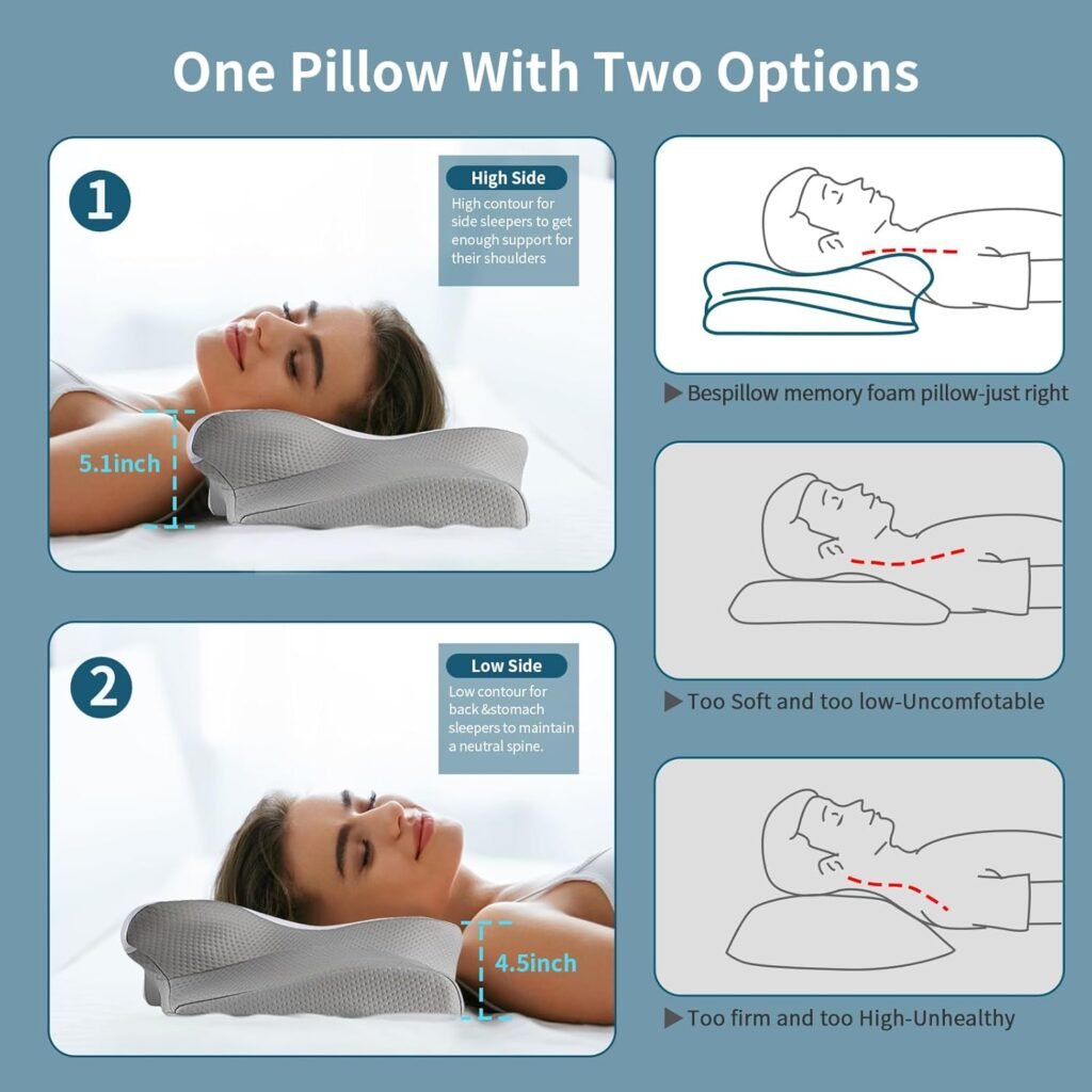 Cervical Neck Pillow - Ergonomic Bed Pillow for Neck Pain Relief, Orthopedic Contour Side Sleeper Pillow for Sleeping, Cooling Memory Foam Pillows for Back  Stomach Sleepers with Pillowcase