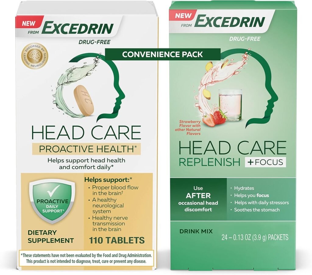 Excedrin Head Care Proactive Health Dietary Supplement - 110 Count and Head Care Replenish Plus Focus Drink Mix from 24 Packets Convenience Pack