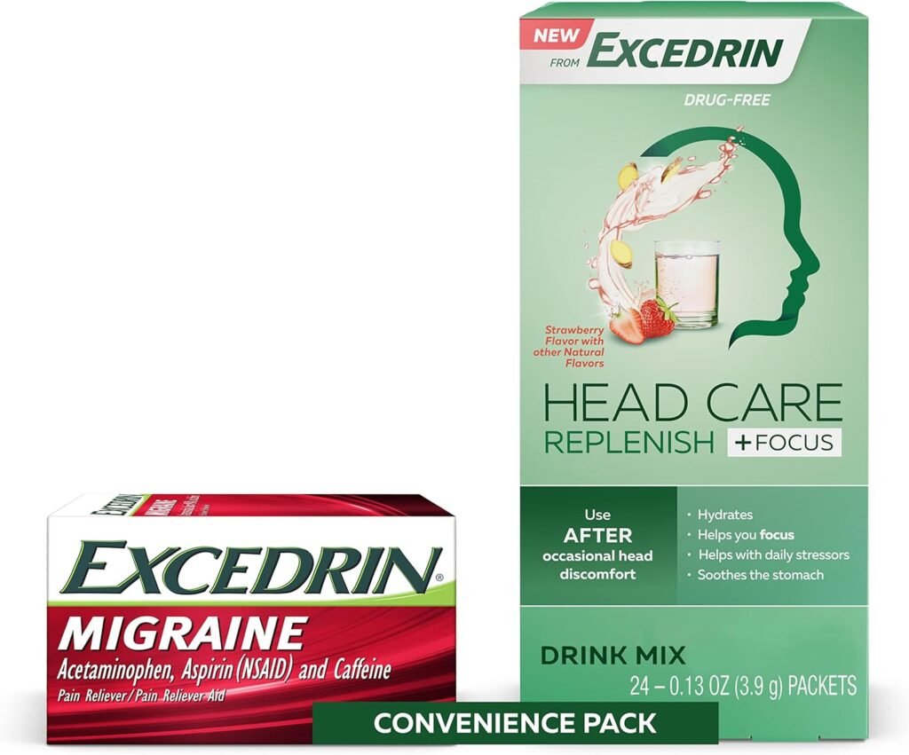 Excedrin Migraine Relief Caplets - 200 Ct and Head Care Replenish Plus Focus Drink Mix - 24 Packets Convenience Pack