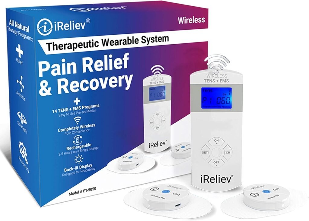 iReliev Wireless TENS + EMS Therapeutic Wearable System Wireless TENS Unit + Muscle Stimulator Combination for Pain Relief, Arthritis, Muscle Conditioning, Muscle Strength