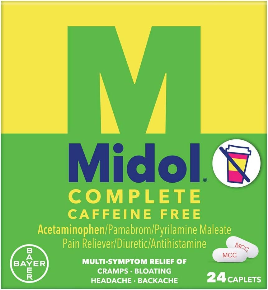 Midol Complete Caffeine Free Caplets 24ct: Midol Complete Caffeine Free Menstrual Pain Relief Caplets with Acetaminophen, Provides Headache Relief and Period Cramps Relief, 24 Count