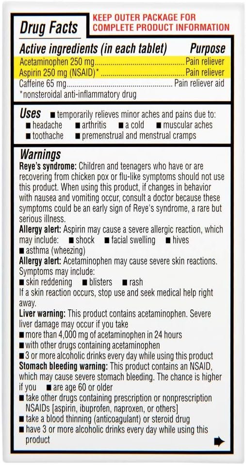 Rite Aid Extra Strength Pain Reliever, Acetaminophen 250mg, Aspirin 250mg, Caffeine 65mg – 100 Tablets | Pain Reliever/Fever Reducer | NSAID Anti-Inflammatory | Migraine Relief Products