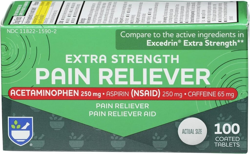 Rite Aid Extra Strength Pain Reliever, Acetaminophen 250mg, Aspirin 250mg, Caffeine 65mg – 100 Tablets | Pain Reliever/Fever Reducer | NSAID Anti-Inflammatory | Migraine Relief Products