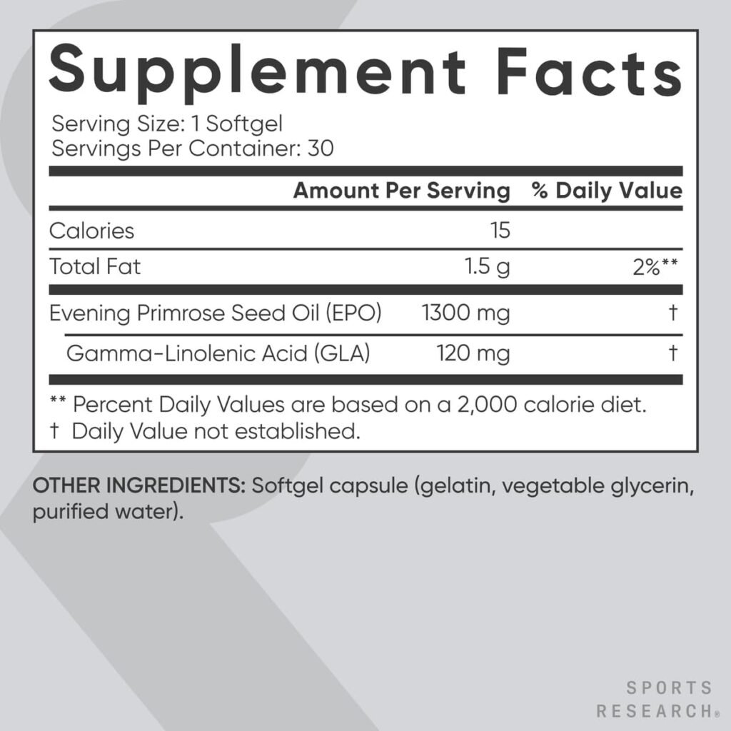 Sports Research Evening Primrose Supplement from Cold Pressed Oil - Softgels for Women’s Health  Skin Health - Gluten Free  Non-GMO GLA - High Potency 1300mg, 120 Count