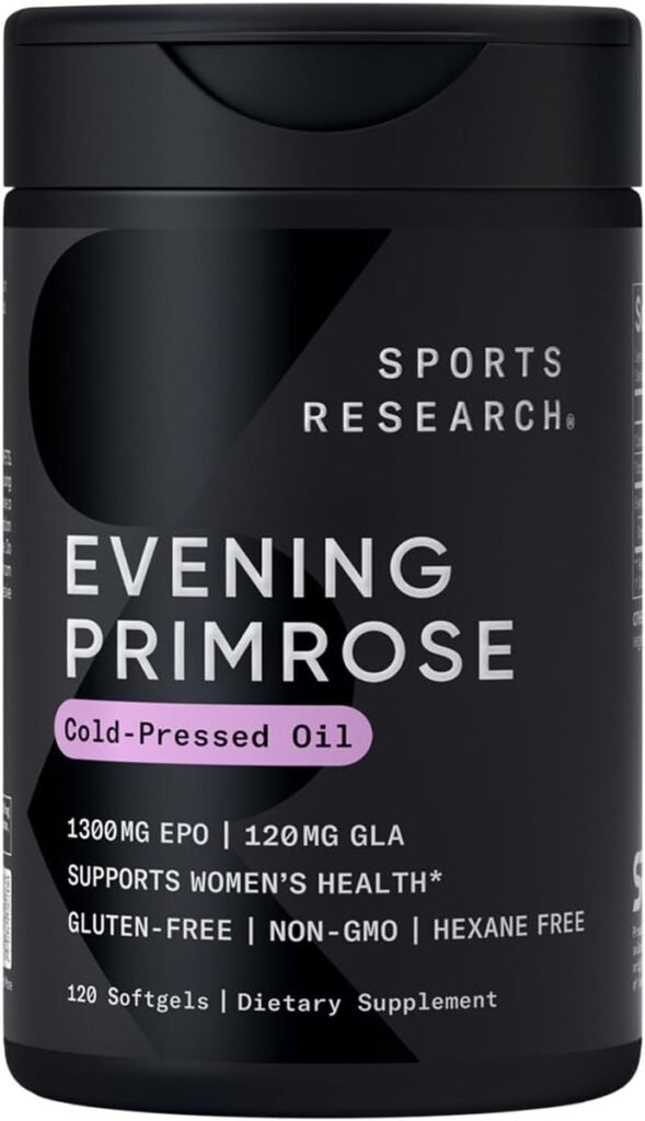 Sports Research Evening Primrose Supplement from Cold Pressed Oil - Softgels for Women’s Health  Skin Health - Gluten Free  Non-GMO GLA - High Potency 1300mg, 120 Count