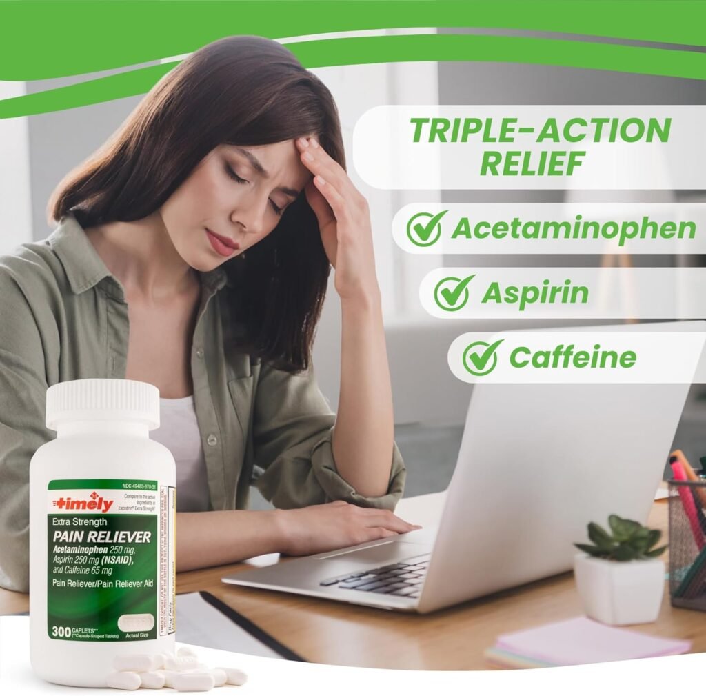 Timely Extra Strength Headache Relief - Acetaminophen with Aspirin  Caffeine (300 Caplets) - Headache, Migraine  Back and Body Pain  Muscle Aches - Compares to Excedrin Extra Strength - Made In USA