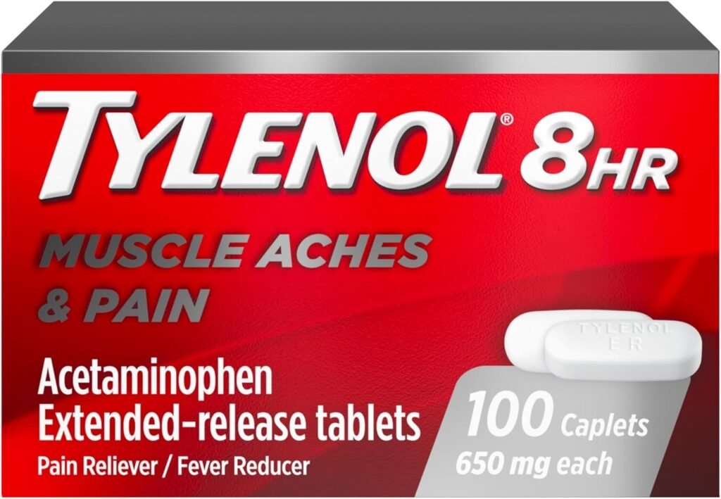 Tylenol 8 Hour Muscle Aches  Pain, 650 mg Extended-Release Acetaminophen Tablets for Muscle and Joint Pain, Bi-Layer Design for Quick and Long Lasting Relief, 100 Count